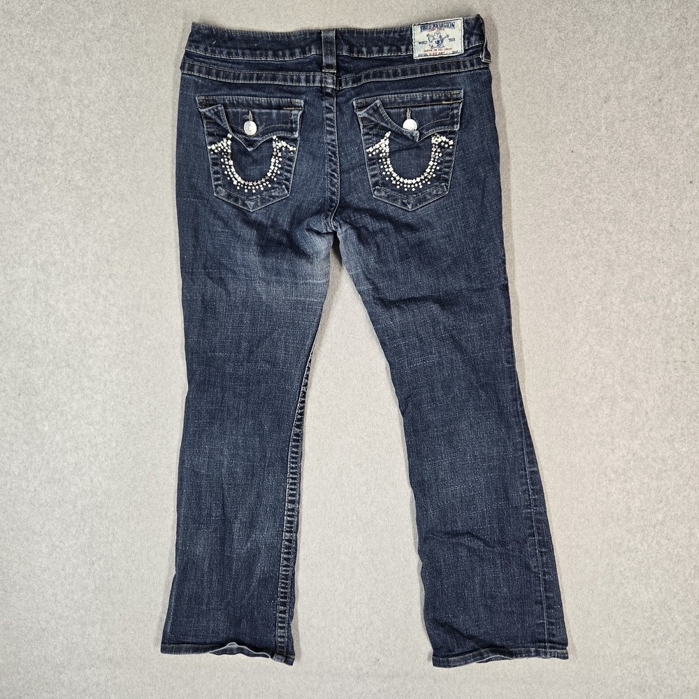 True Religion Women Jeans 31 Blue Denim Hi-Rise Boot Cut Rhinestones 28" Inseam